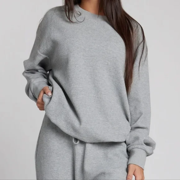 🤑PRICE FIRM🥰 NIP!❤️ COMFRT WAFFLE LOUNGE CREW LONG SLEEVE TOP Light Gray M - Picture 1 of 6